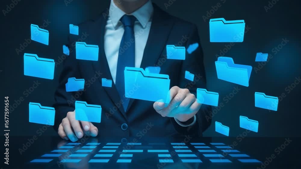 Aufkleber man in suit interacting with floating blue folder icons on a digital interface display screen