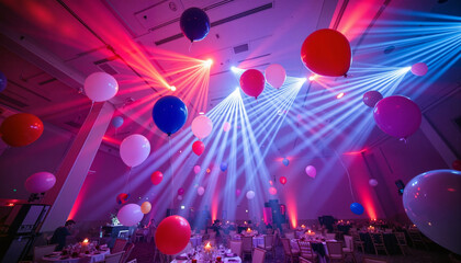 Colorful balloons floating under vibrant lights at a party venue  