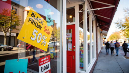 Black Friday sale sign displaying 50% off at retail store window  