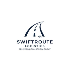Fototapeta premium Swiftroute Logistics company logo featuring a stylized dark blue road curving upwards with the number 44, and the company name and tagline.