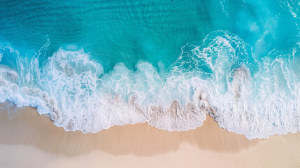 Obraz premium This captivating aerial view showcases the vibrant turquoise waves gently lapping against the fine white sand of a tranquil beach. The calm waters reflect sunlight, inviting relaxation
