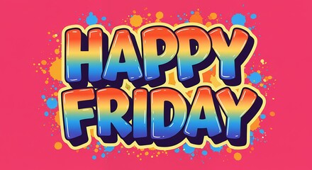 Happy friday graphic design with rainbow text and pink background