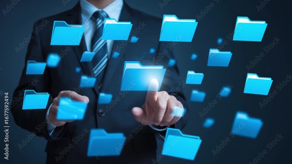 Aufkleber man in suit interacting with floating blue folder icons on a dark background display screen tech