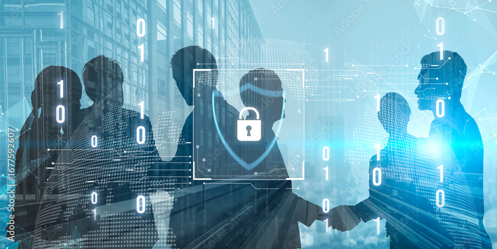 Poster cyber security protects against breaches, hacks, and network attacks using strong infrastructure and