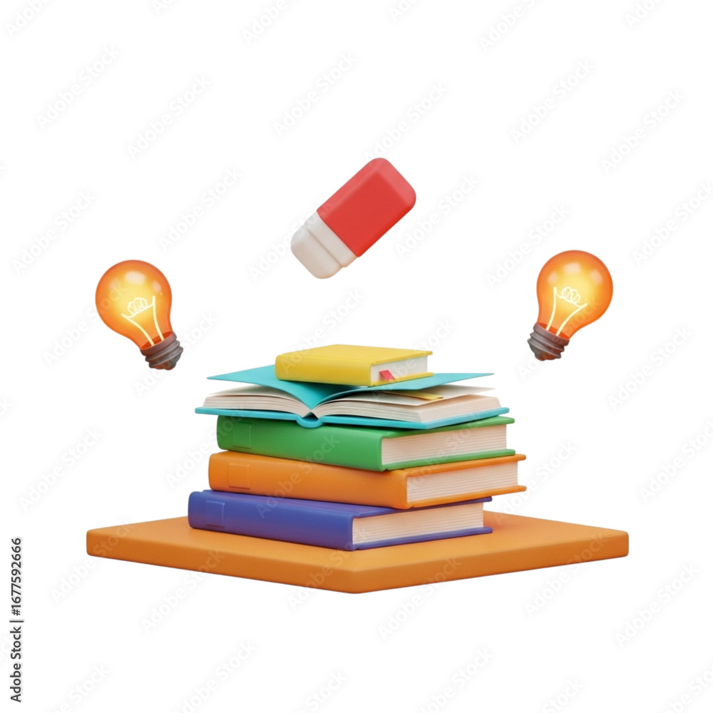 Poster 3d icon of stack of colorful books with light bulbs and eraser isolated on transparent background