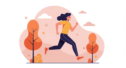 Woman running in park during autumn with colorful trees and clouds  