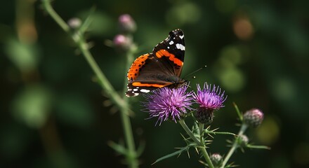 A vibrant red admiral butterfly elegantly perched on a purple thistle blossom