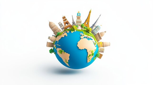 A colorful representation of the Earth with iconic landmarks symbolizing global travel and unity.