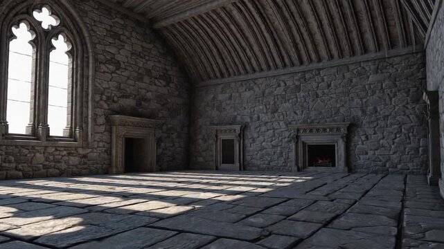 Three-Dimensionally Rendered of Unoccupied Castle Chamber Containing Fireplace