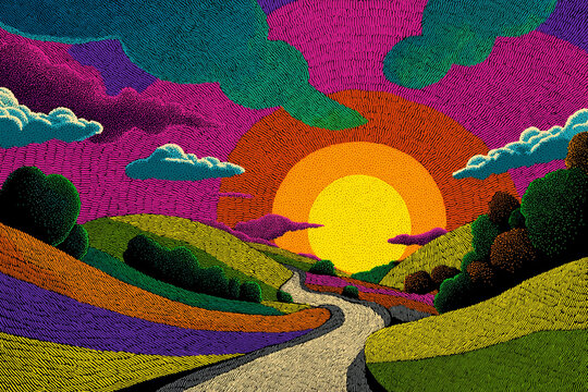 A psychedelic cartoon with bright rainbow colors depicts the sun setting over rolling hills and a winding road.  - Powered by Adobe