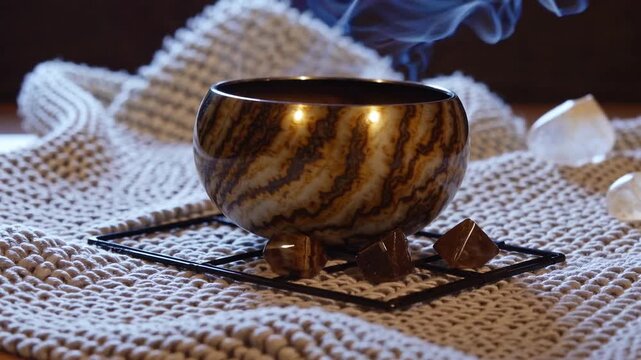 Detailed and Intimate View of Polished Brass Sound Healing Bowl Used for Mindful Meditation Alongside Geometric Crystal Array and Polished Tigers Eye Stones for Spiritual Wellbeing