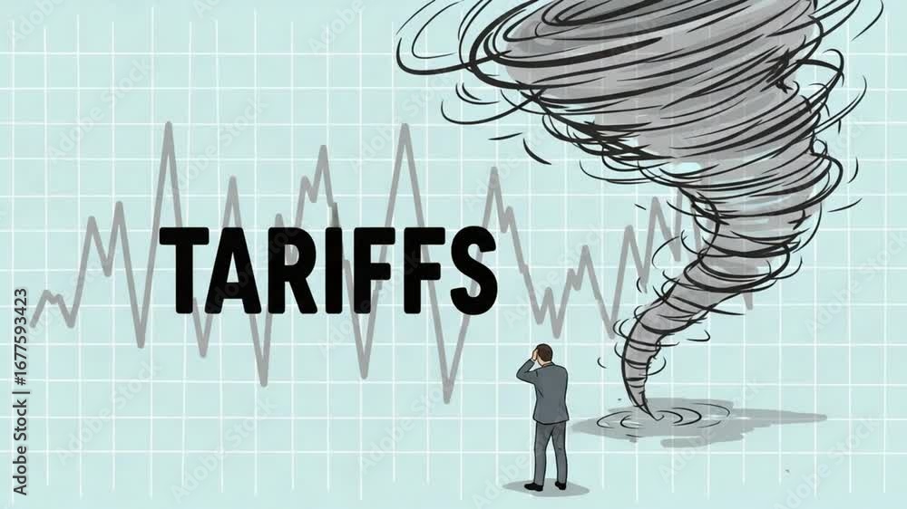 Poster a worried man facing tariffs with a tornado and a fluctuating graph in the background illustration