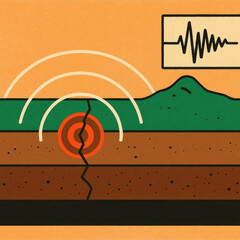 Illustrative diagram of earthquake waves and geological layers  