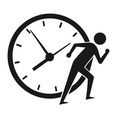 "Running Against Time Icon – Black Silhouette of Person in Motion Over Analog Clock – Depicting Urgency, Deadlines, Time Pressure, and Productivity – Minimalist Vector for UI/UX, Business, Motivation,
