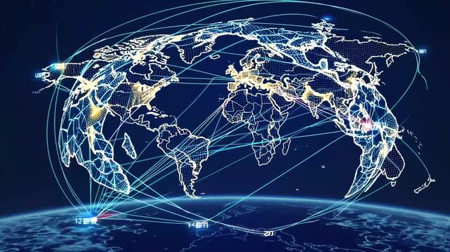 Video visualization of world map with connections highlighting geographical details