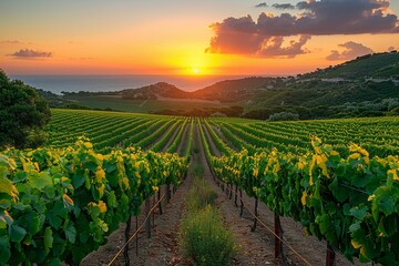 Vineyard rows with the sun setting over the ocean and hills