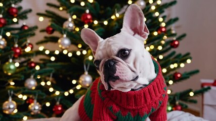 Canine of small breed wearing festive holiday attire posing in front of decorated evergreen tree