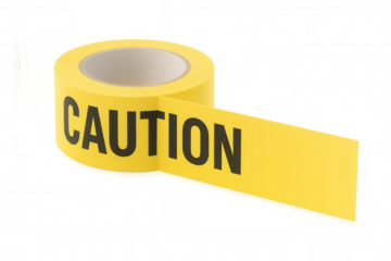 Unrolling yellow caution tape, creating a striking warning sign against a transparent background, emphasizing safety and risk awareness