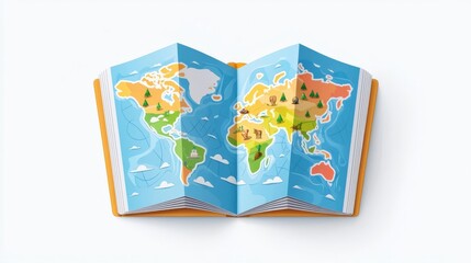 Colorful illustrated world map open on a white surface, highlighting various landscapes and regions.