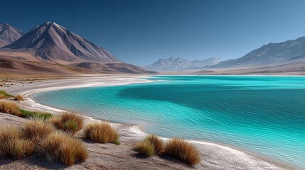 Laguna Verde and Licancabur Volcano in Bolivia with a green colored lake and a volcano in the background of the Bolivian desert.