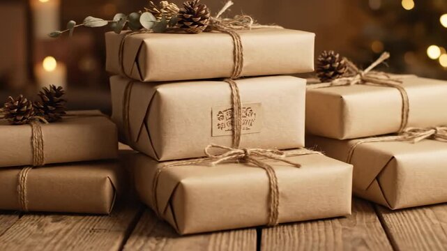 Rustic Christmas Gifts Stacked on Wooden Table - Several gifts wrapped in brown kraft paper and tied with twine are stacked on a rustic wooden table.