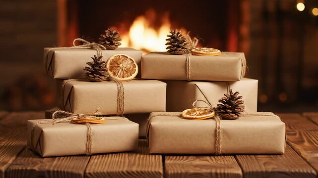 Rustic Christmas Gifts by Fireplace - Several gifts wrapped in natural brown paper are stacked on a rustic wooden table in front of a warm fireplace.