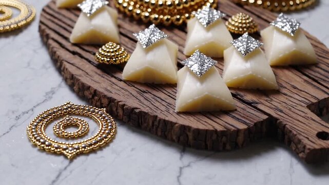 Indian Confectionery Abundant in Cashew Nuts Known as Kaju Katli on Timber Slab.