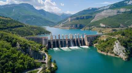 High above, the modern hydroelectric dam utilizes water flow to generate renewable energy, surrounded by lush green hills and tranquil blue waters under a bright sky