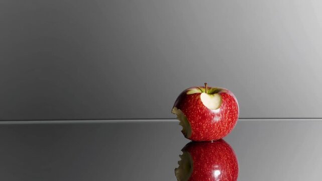 Partially Consumed Fruit Exhibiting Flawless Mirror Symbolizing Deception and Falsification in Digital Sharing Platforms