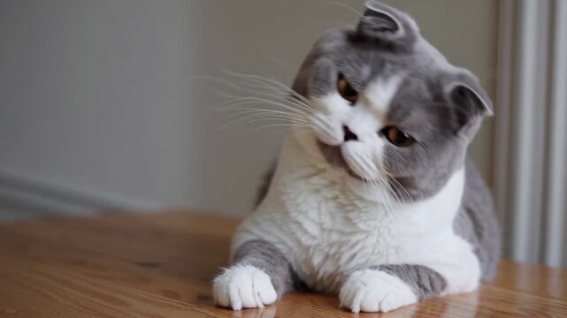 Portrait of Lop-Eared Scottish Fold Cat Putting Her Paws on Table