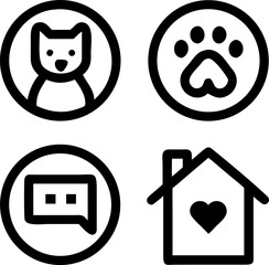 Adorable pet icons represent care, communication, and home with love, perfect for pet services.