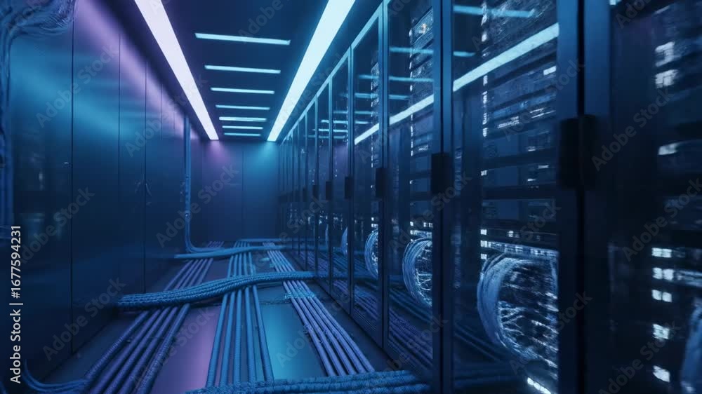 Poster futuristic data center corridor - a long corridor in a futuristic data center is illuminated with ne