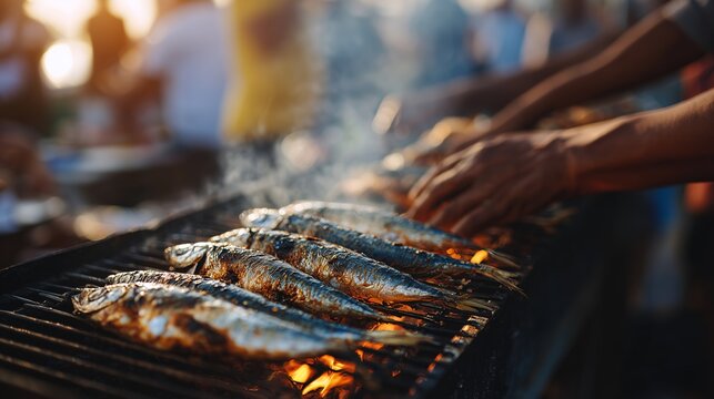 Hands grilling fish over open flames on a barbecue, creating a smoky atmosphere during a warm, sunset gathering.