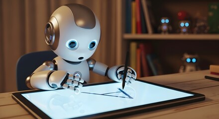 A robot drawing on a digital tablet with a pen, showcasing artificial intelligence.