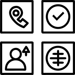 Four simple icons representing communication, success, user profile, and a globe for global connection.
