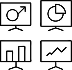 Four different presentation screens showing financial charts and a male gender symbol for business analysis