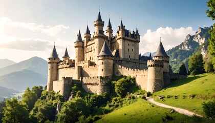 A magnificent medieval castle stands tall amidst a verdant landscape, its imposing structure and pointed towers framed by rolling hills and lush greenery under a bright sky.