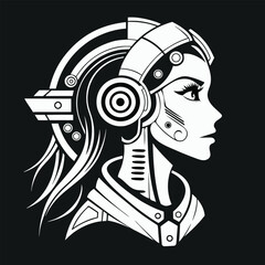 "Futuristic Female Cyborg Icon – Stylized Black and White Profile Illustration with Robotic Helmet, Circuitry, and Armor Plating – Representing Artificial Intelligence, Cybernetics, and Human-Machine 