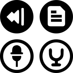 Essential media playback, document, and audio recording icons for modern interfaces and applications
