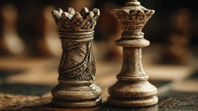 Close-up of wooden chessboard with intricately carved king and queen pieces under warm light, symbolizing strategic intellect and classical game tradition.