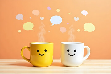 2 mugs, one yellow and one white, with smiley faces, surrounded by thought bubbles, warm orange background, clean minimalist style, digital illustration