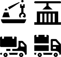 Modern logistics icons featuring crane, delivery trucks, and shipping containers for global trade and transport solutions.