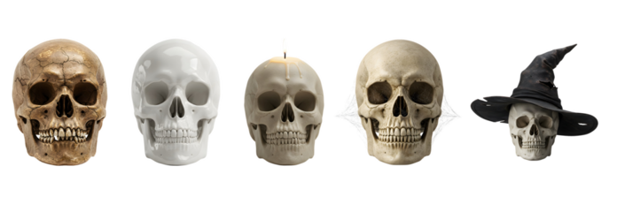 Collection of Decorative Human Skulls in Different Styles Including Witch Hat for Halloween