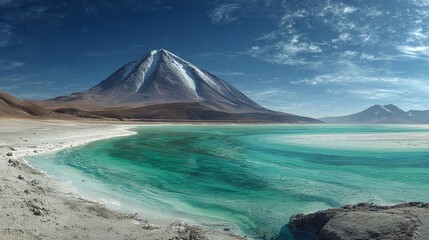 Laguna Verde and Licancabur Volcano in Bolivia with a green colored lake and a volcano in the background of the Bolivian desert.