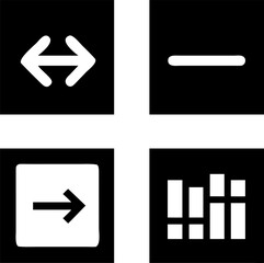 Four distinct white icons representing data, arrows, and a line on a black background.