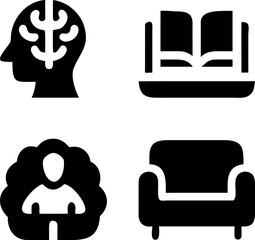 Mind, book, person, armchair icons representing abstract concepts and comfort