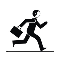 "Business Rush Icon – Stylized Black and White Silhouette of Person Running with Briefcase – Depicting Urgency, Deadlines, and Professional Momentum – Minimalist Vector for UI/UX, Editorial Graphics, 