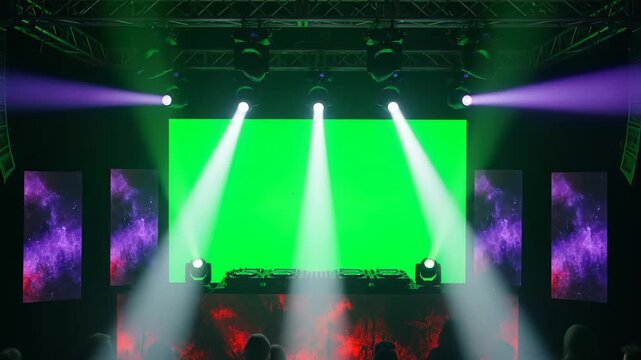 Halloween DJ Stage Green Screen - A dark stage is set up with a large green screen illuminated by spotlights. A DJ console sits in front of the screen, with an audience visible in the bottom.