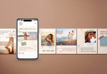 Instagram carousel template for beach vacation and travel, 7 customizable post layouts in doodle style for holiday promotion, tourism businesses and travel agencies
