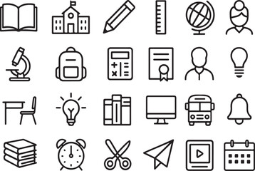 Fototapeta premium Doodle icons representing education and school supplies including books building pencil ruler globe person microscope backpack calculator certificate lightbulb desk